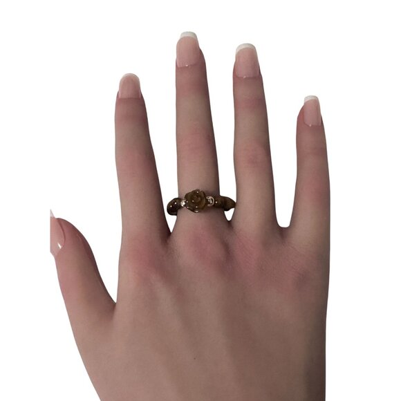 RAFANTHIA Jewelry - Tiger's Eye Flower Gemstone Beads Stretch Ring with 14K Gold Bead